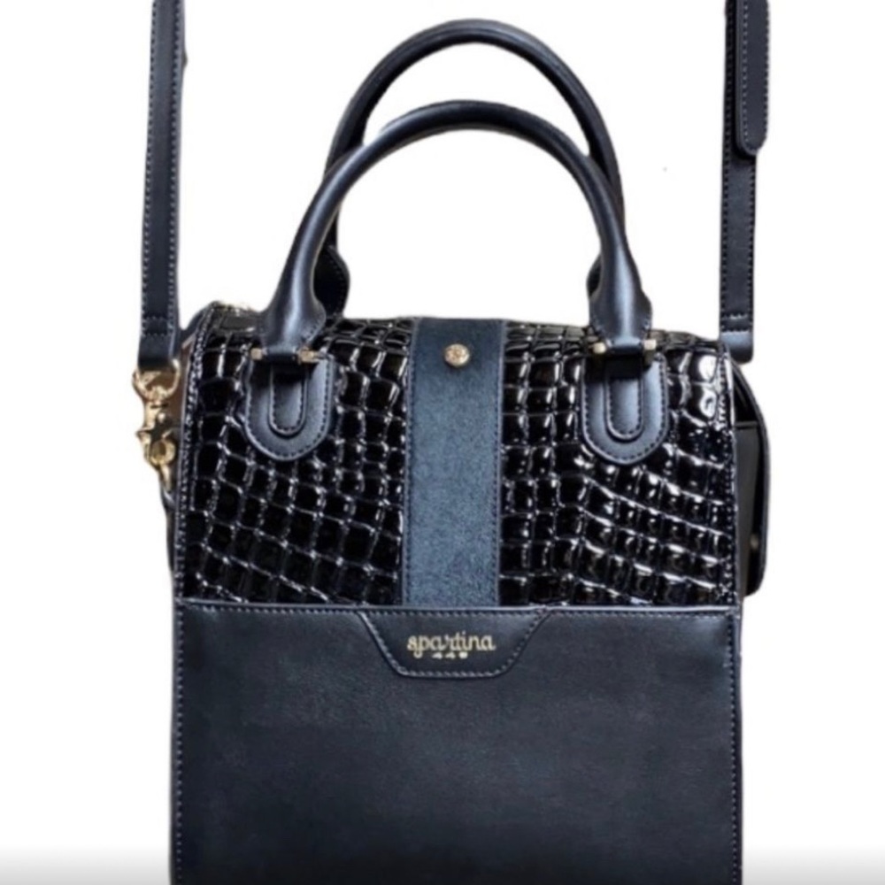 Spartina 449 Black Leather Croc Satchel Bag